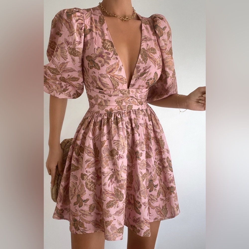 AMALIE THE LABEL RIVINNA LINEN BLEND PUFF SLEEVE MINI DRESS VAHALA PRINT NWT